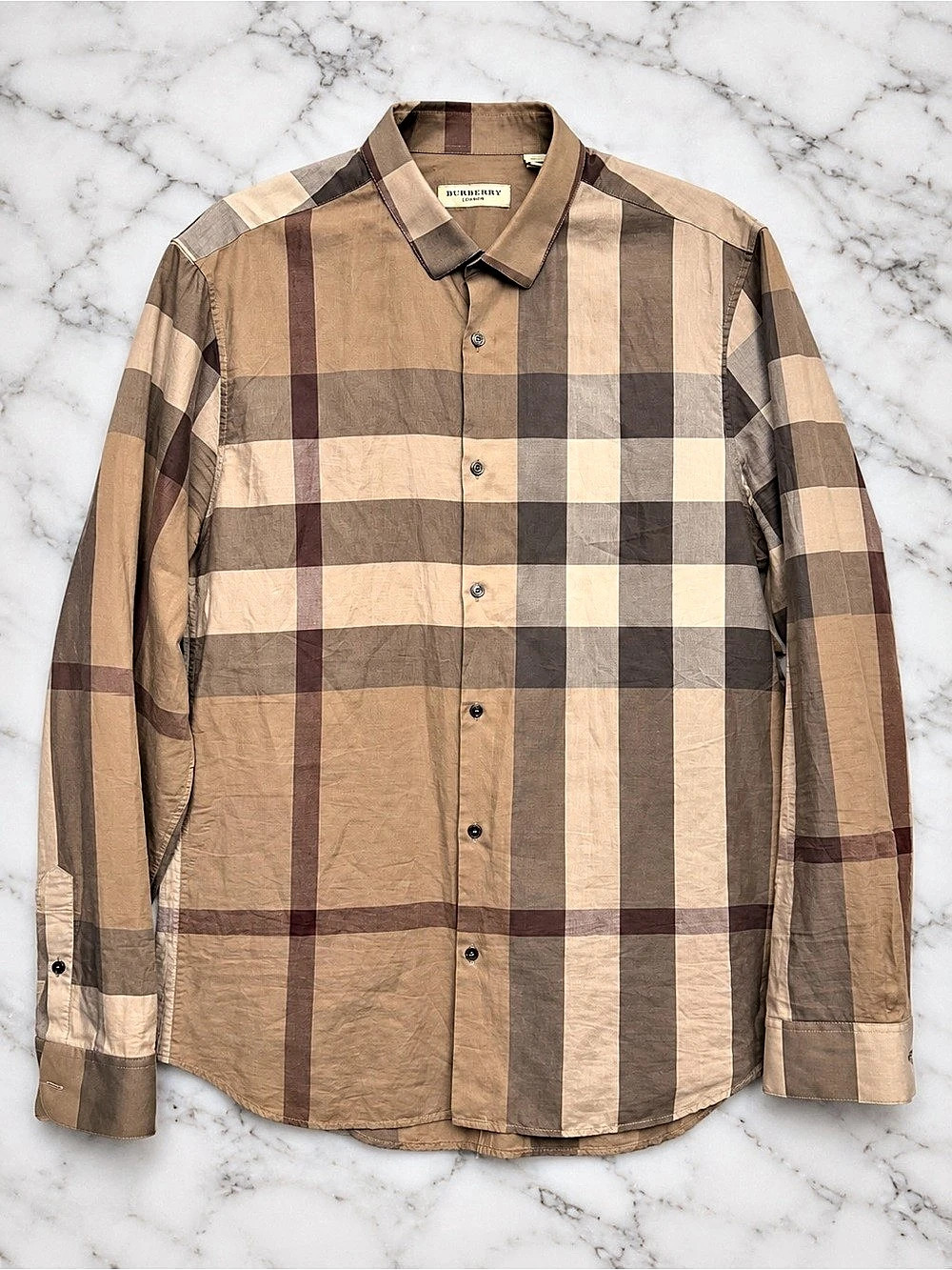 Burberry London Tailored Check Cotton Shirt Brown & Beige Large